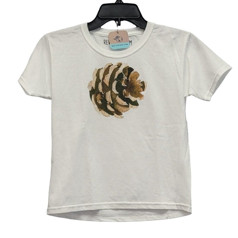New Hand Printed Upcycled Youth Small Pine Cone Short Sleeve Cotton Blend Tee