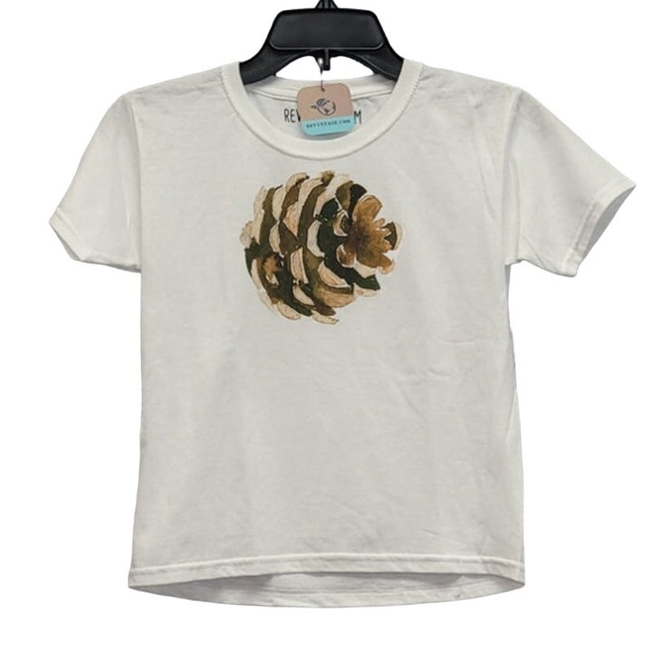 New Hand Printed Upcycled Youth Small Pine Cone Short Sleeve Cotton Blend Tee