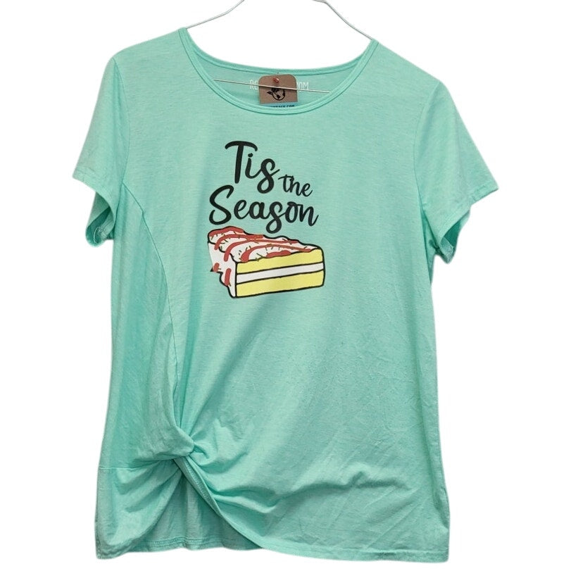 Hand Printed Upcycled Womens Large Christmas Tis The Season Tree Snack Cake Tee