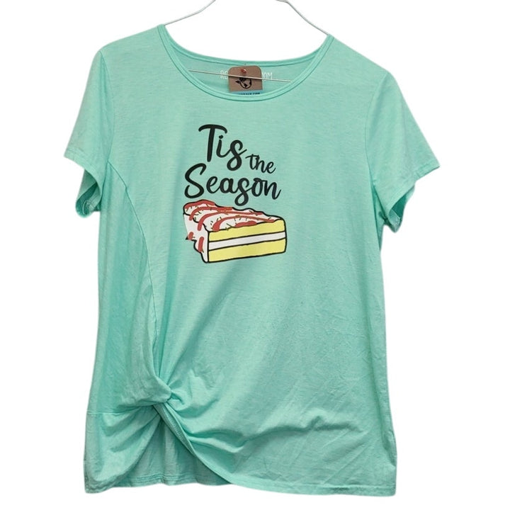 Hand Printed Upcycled Womens Large Christmas Tis The Season Tree Snack Cake Tee