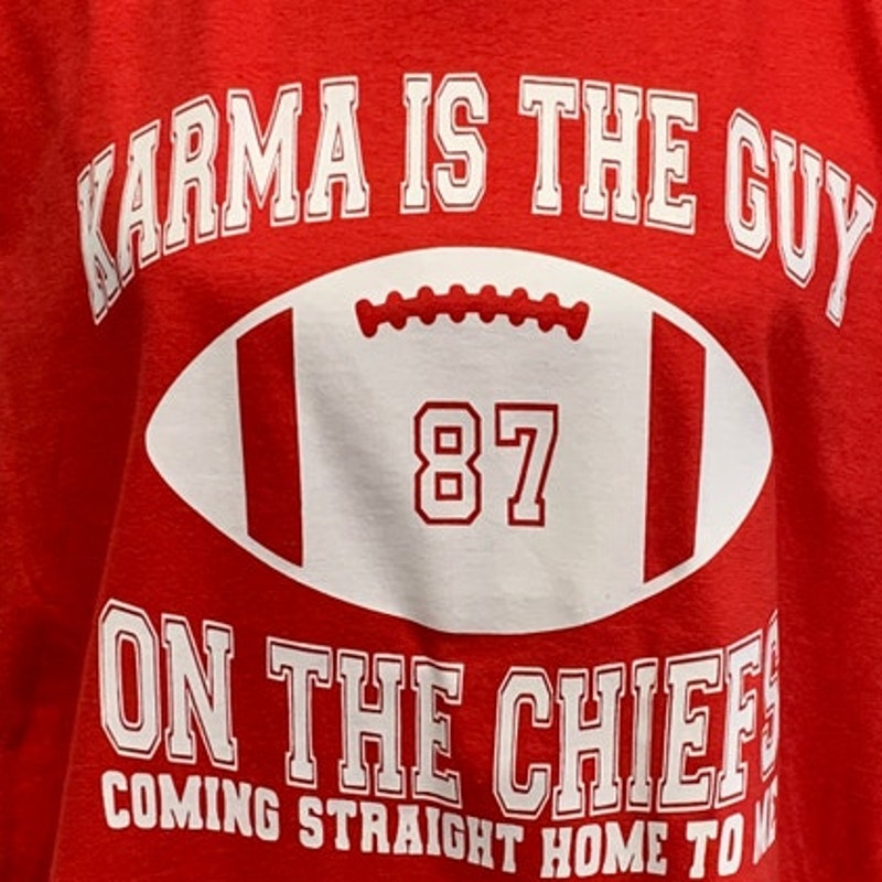Hand Printed XL Swift Karma 87 Guy on Kansas City Chiefs Football Tee Shirt