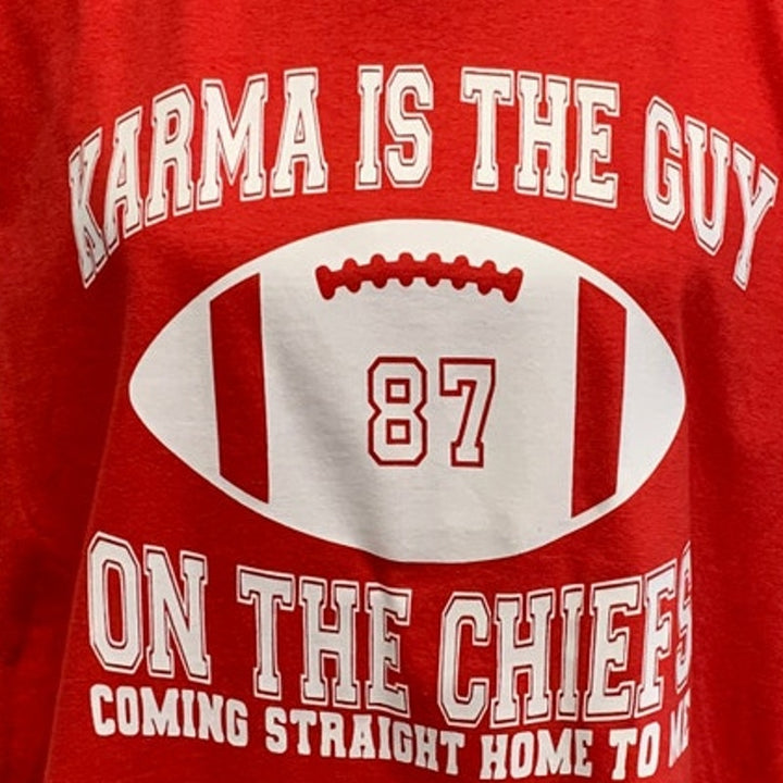 Hand Printed XL Swift Karma 87 Guy on Kansas City Chiefs Football Tee Shirt