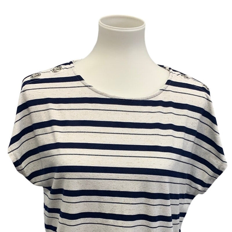 89th &amp; Madison Womens Large Striped Top w Rhinestone Shoulder Accent Holes