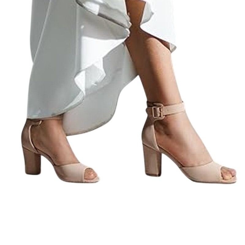 IDIFU Womens Size 7 Pinky Tan 3" Chunky Heel Round Peep Toe Ankle Strap Shoes