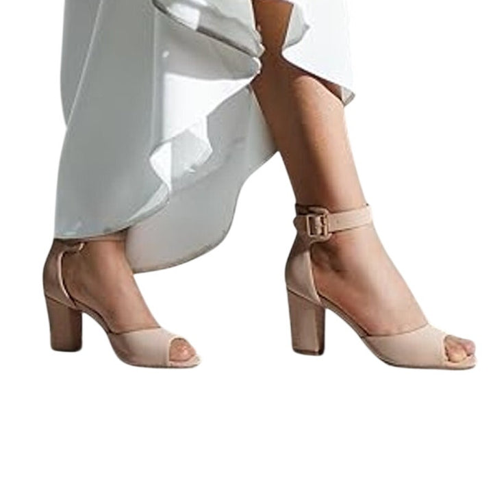 IDIFU Womens Size 7 Pinky Tan 3" Chunky Heel Round Peep Toe Ankle Strap Shoes