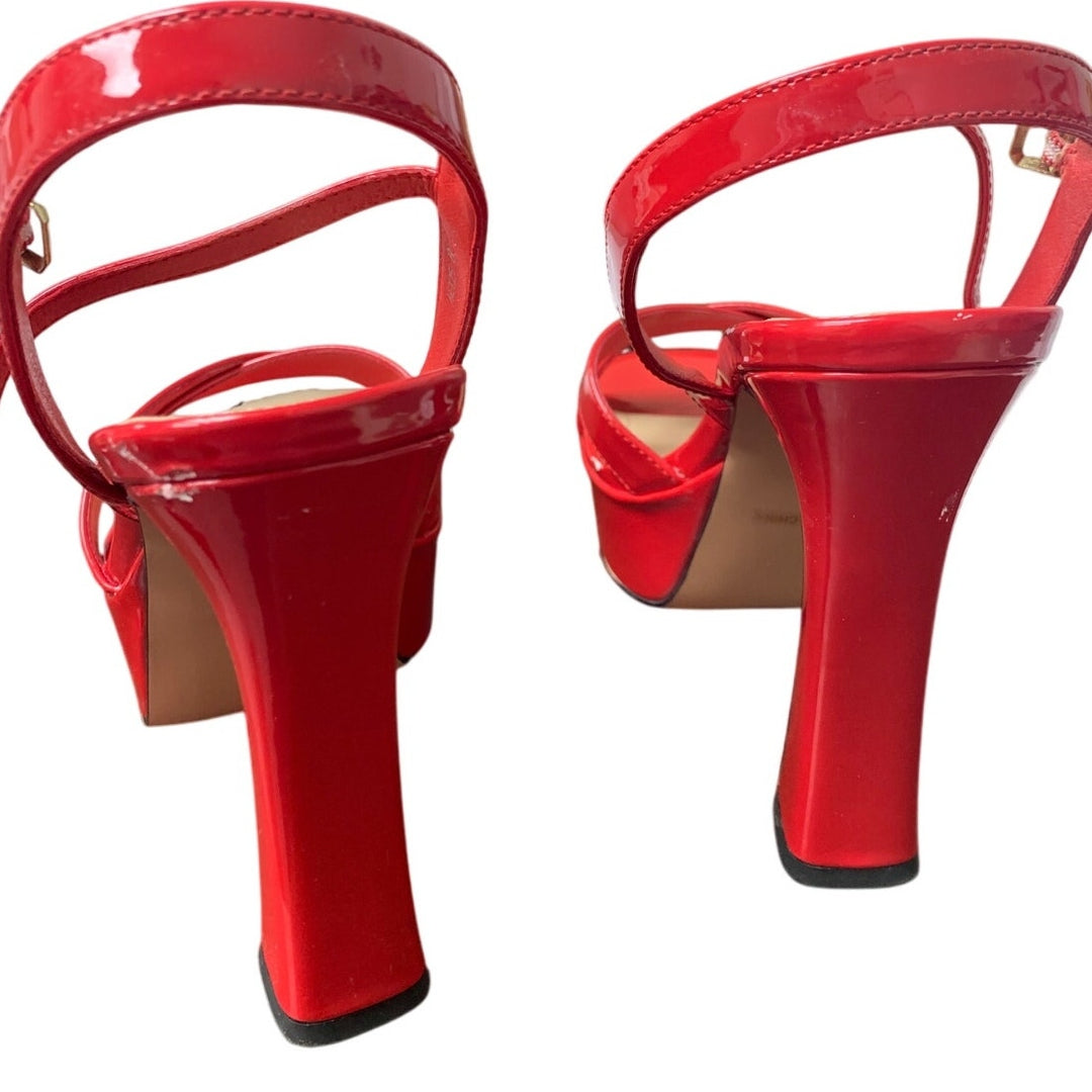 Dumjey Womens 8 Red Faux Leather 5" Heel Platform Open Toe Ankle Strap Shoes