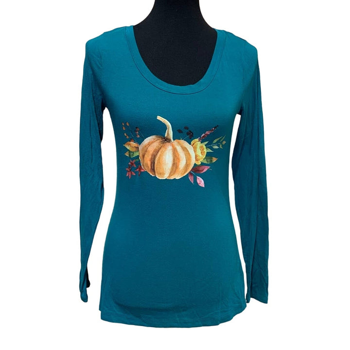 Hand Printed Small Upcycled Pumpkin Autumn Fall Flower Long Sleeve Tee T-Shirt