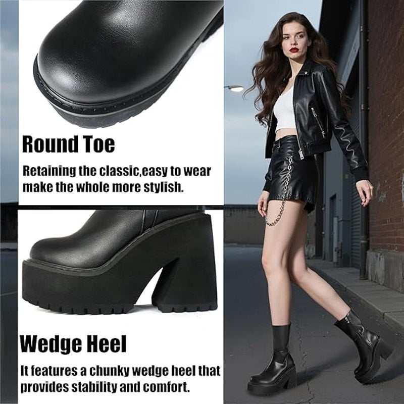 New Aminugal Womens Size 5.5 Black Faux Leather 4" Platform Heel Ankle Boots
