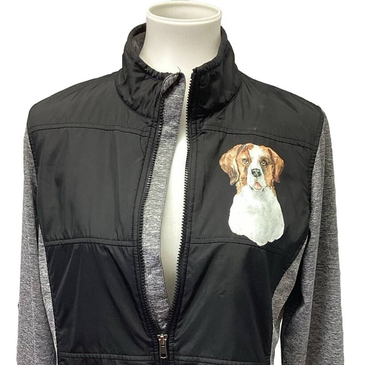 Hand Printed Womens Large Upcycled St Bernard Dog Long Sleeve Full Zip Jacket
