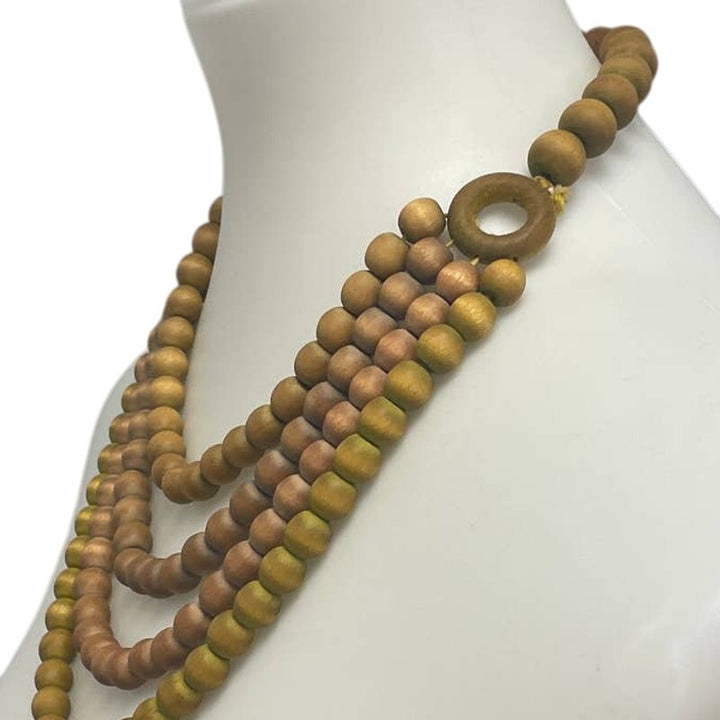 Vintage Wooden Bead 4X Strand Tan Green Brown Beaded Screwback Choker Necklace