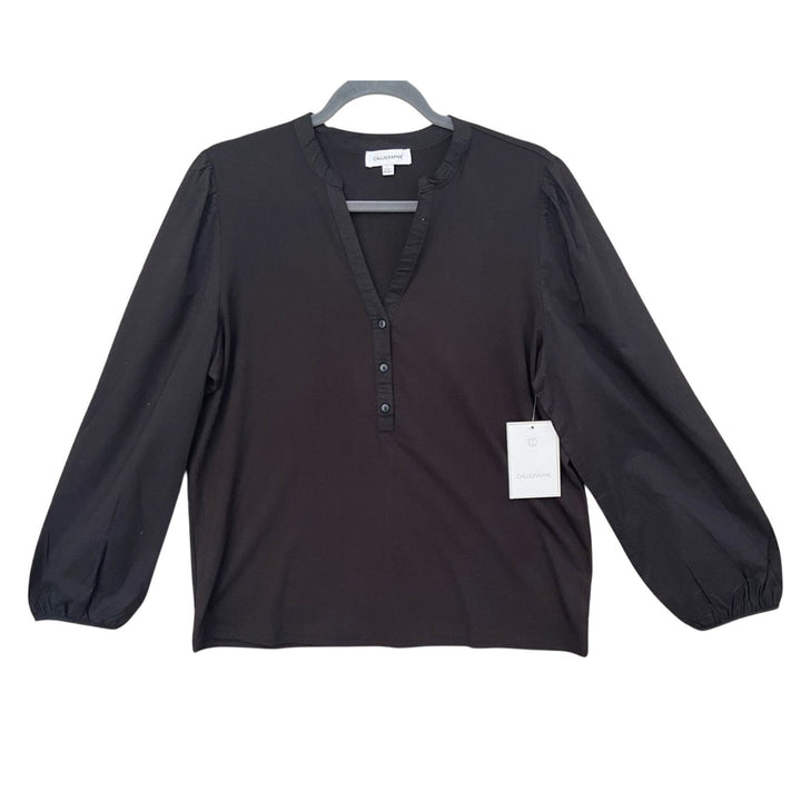 NWT New Calligraphie Womens Large Black V-Neck Puff Sleeve Half Button Blouse