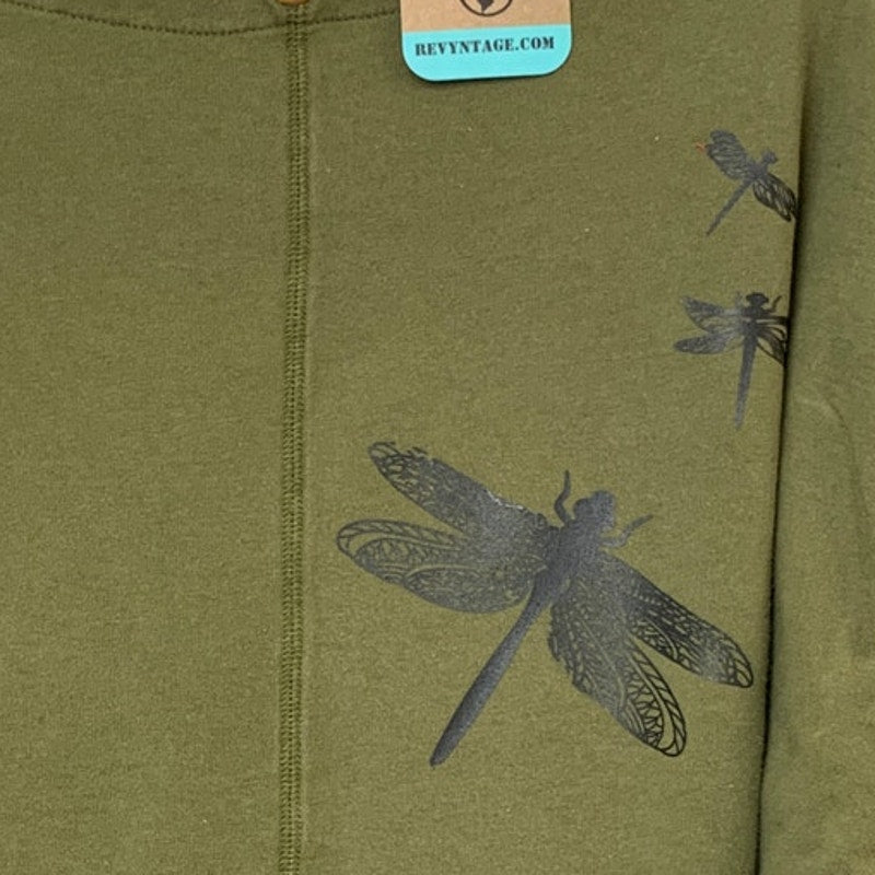 Upcycled Hand Printed Womens Small Dragonfly Snap Neck Long Sleeve Sweatshirt