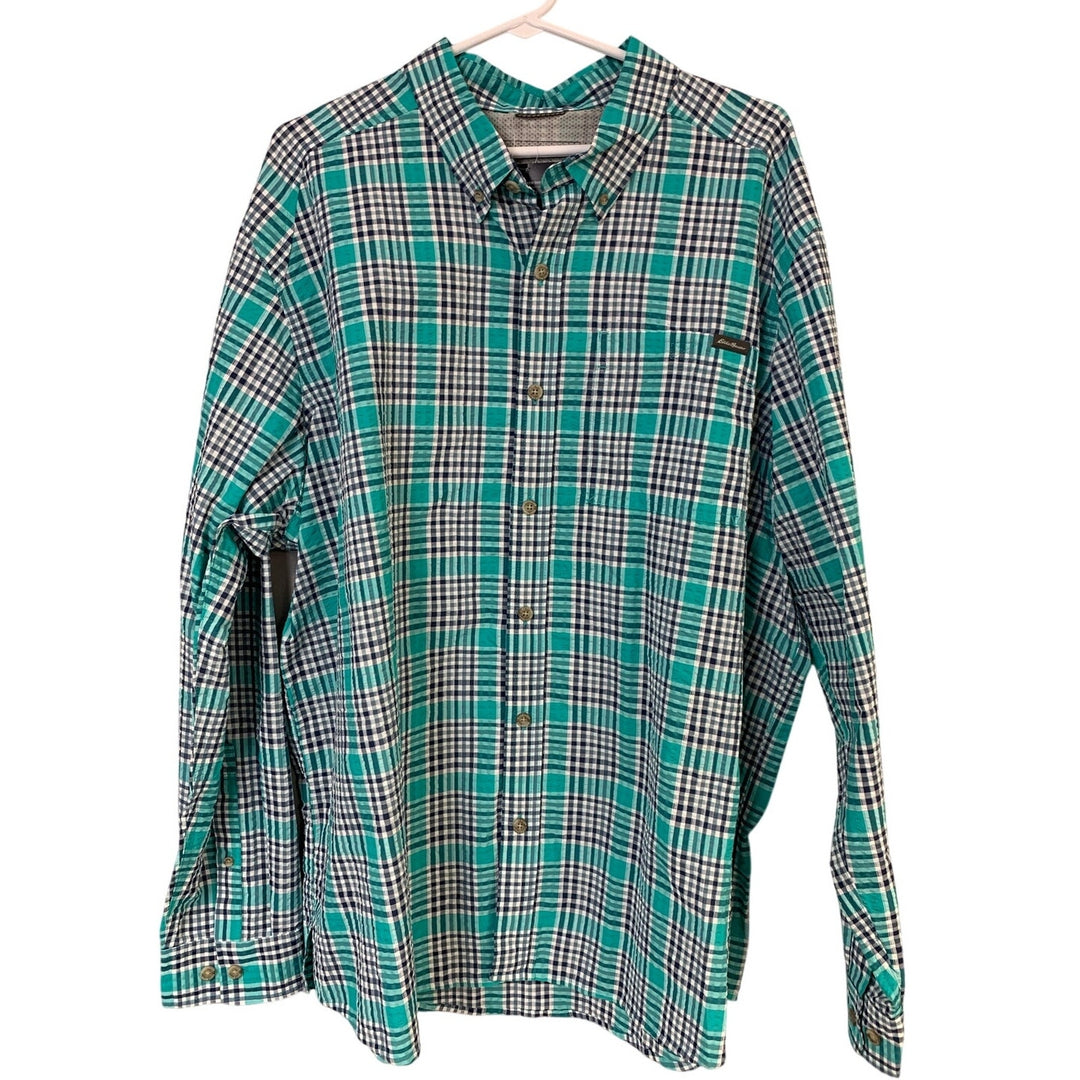 New Eddie Bauer Mens 2XL Aqua Blue Plaid Classic Long Sleeve Pack It Tech Shirt