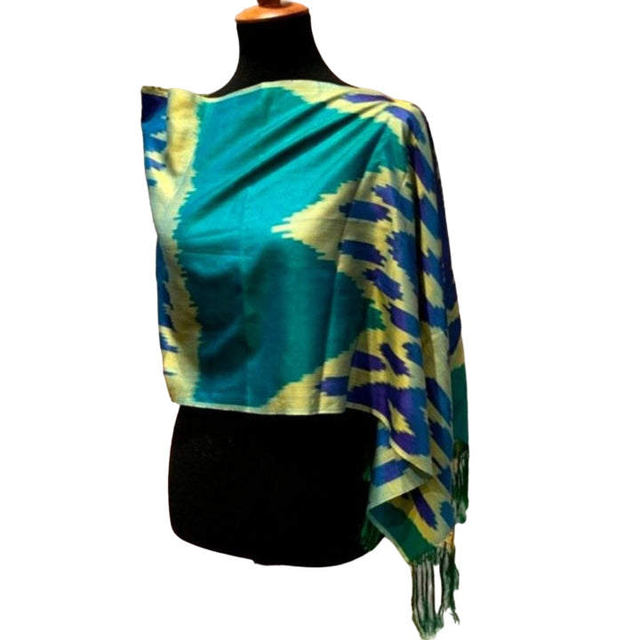 Handmade Upcycled Lightweight Chevron Blue Yellow Green Tie Dye Poncho Wrap