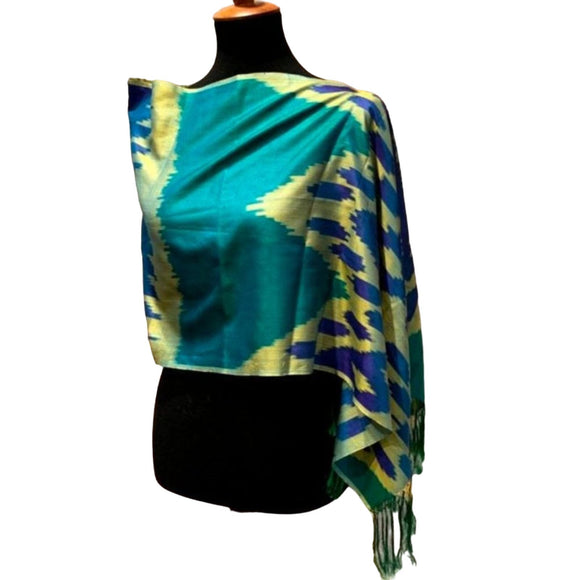 Handmade Upcycled Lightweight Chevron Blue Yellow Green Tie Dye Poncho Wrap