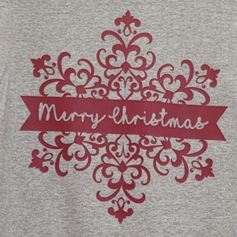 New Hand Printed Womens Large Merry Christmas Floral Scrollwork Short Sleeve Tee