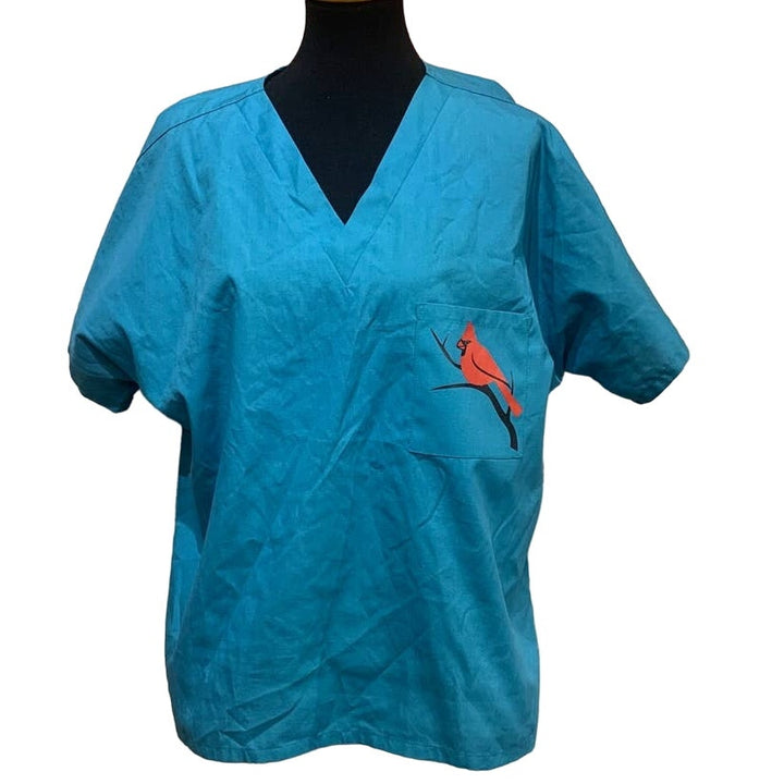 Hand Printed Upcycled Mens Medium Red Cardinal Bird Polycotton Scrub Top