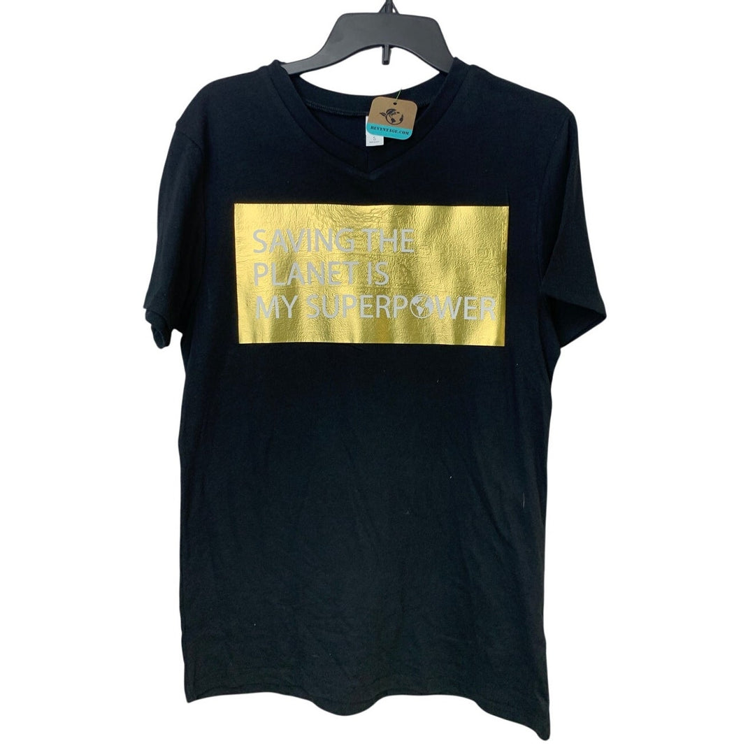 New Upcycled Hand Printed Womens Small Saving the Planet Superpower Tee Shirt