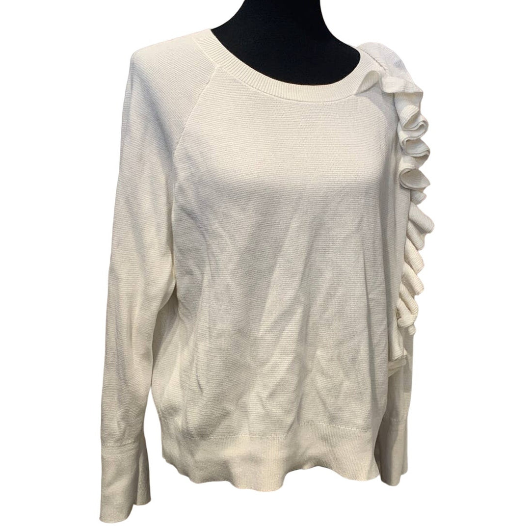A New Day XXL 100% Cotton White Ruffled Long Sleeve Pullover Crew Neck Sweater