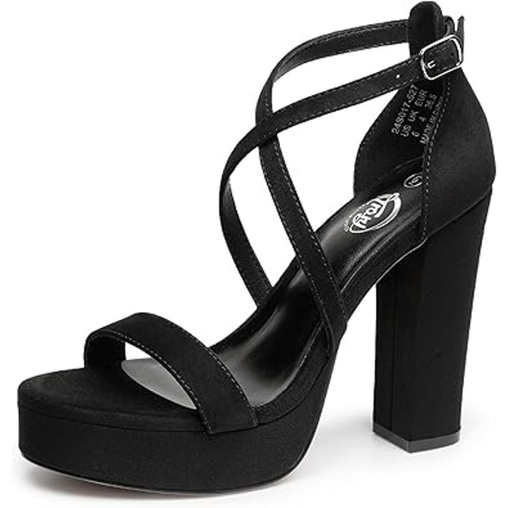 Trary Women Size 7.5 Black Faux Suede 4.5" Block Heel Open Toe Ankle Strap Shoes