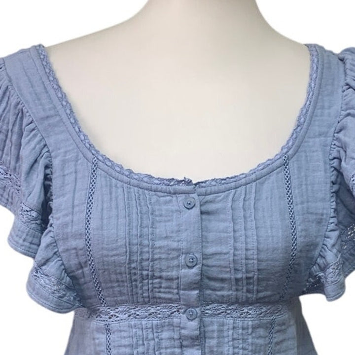 New Aerie Womens Small Pastel Blue Ruffle Sleeve Lace Front Button Cottage Top