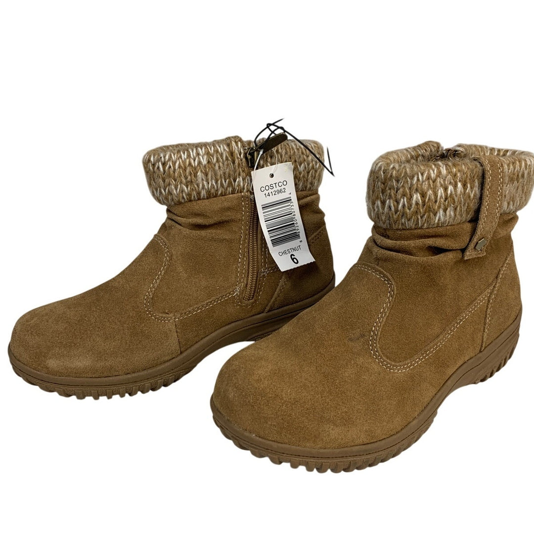 New Khombu Womens 6 Brown Ankle All Weather Boots Suede Round Toe Knit Top Shoes