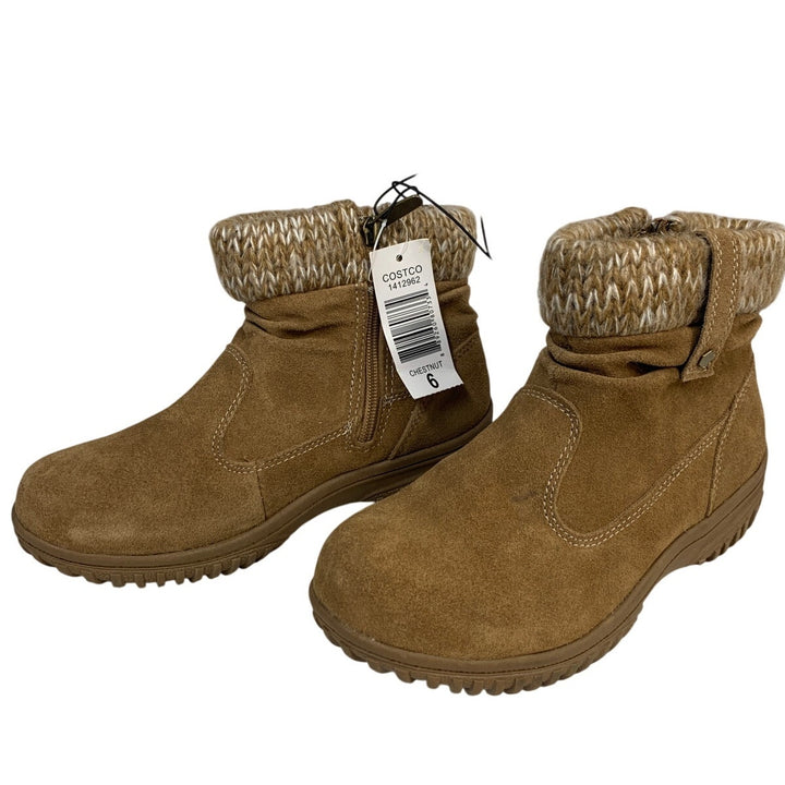 New Khombu Womens 6 Brown Ankle All Weather Boots Suede Round Toe Knit Top Shoes