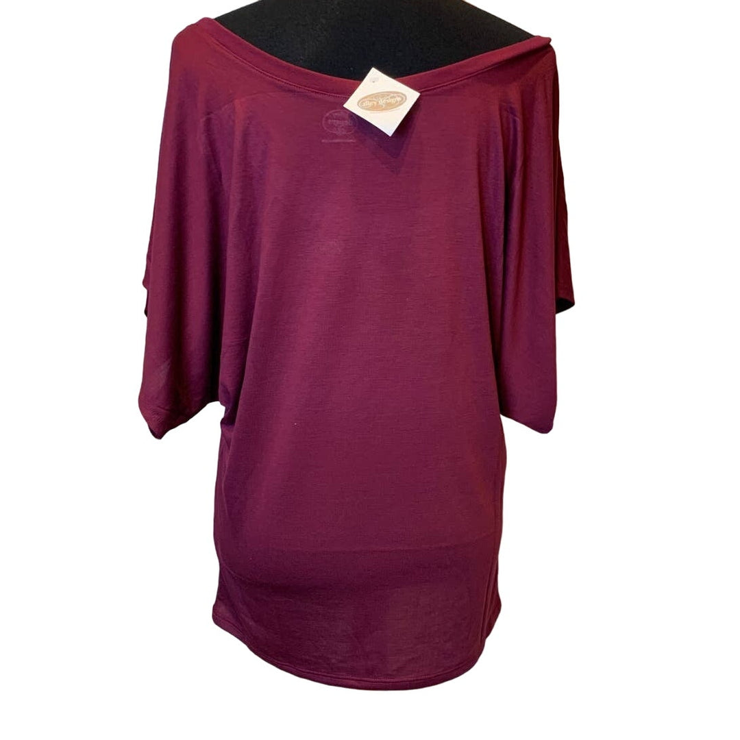 New Hand Printed Rhinestone Autumn Leaves Wine Batwing Dolman Blouse Top