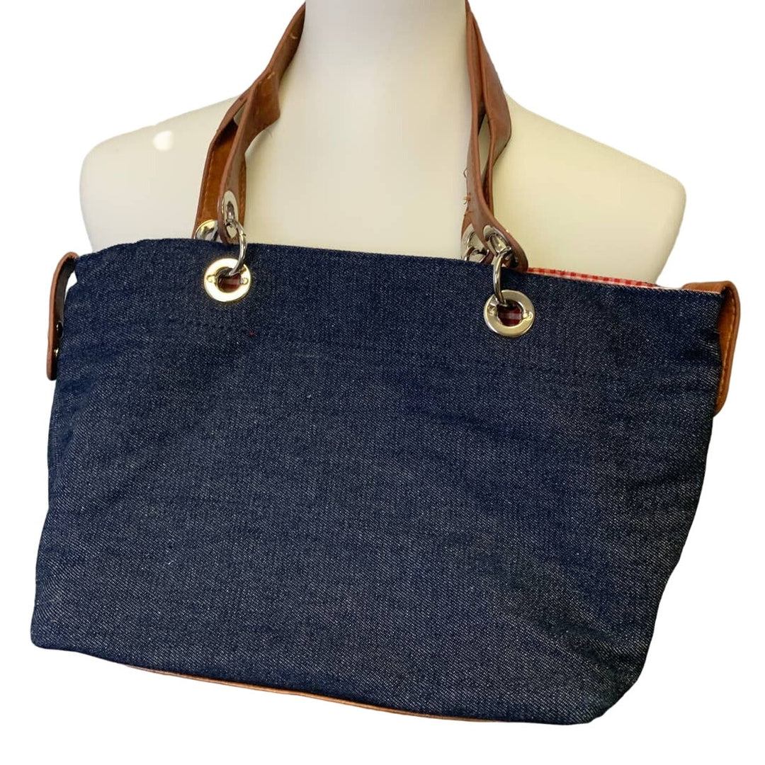 Unbranded Lightweight Denim Blue Leather Accent Red Gingham Interior Purse