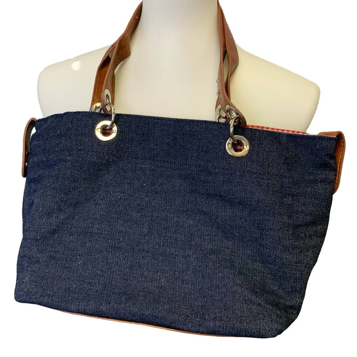 Unbranded Lightweight Denim Blue Leather Accent Red Gingham Interior Purse