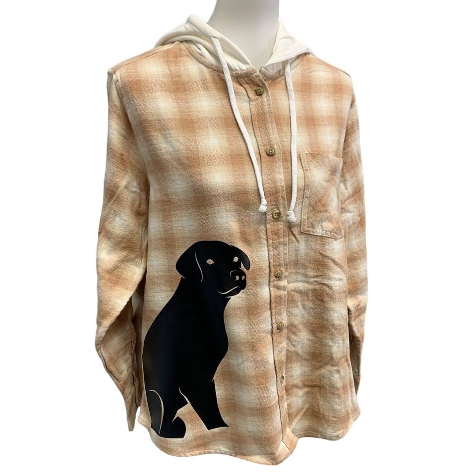 New Hand Printed Womens Medium Black Lab Dog Long Sleeve Plaid Flannel Hoodie