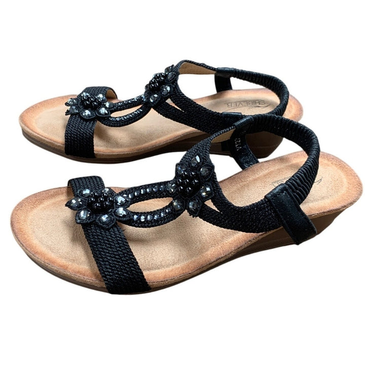 Shibever Womens Size 7 Black 2" Wedge Heel Beaded Floral Open Rount Toe Shoes