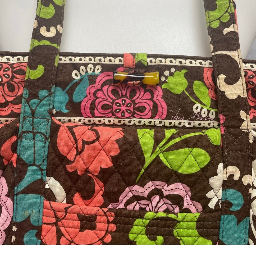 Vera Bradley Brown Pink Yellow Floral Quilted Fabric Handbag Purse Computer Bag