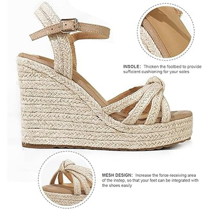 Mikarka Womens Size 8 Tan Straw Espadrille Open Toe 4" Wedge Heel Sandal Shoes