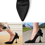 YDN Women Size 7 Black Satin Bow Pointy Toe Slip On 3.5" Heel Formal Event Shoes