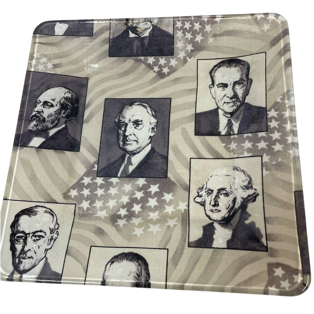 Pair of Handmade Decoupage US President Fabric Square Table Decor Glass Plates