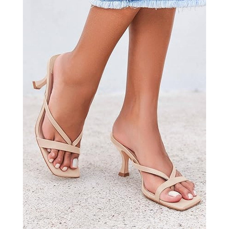 New Ermonn Womens Size 9.5 Tan Open Toe Thong Slide On 4" Heel Sandal Shoes