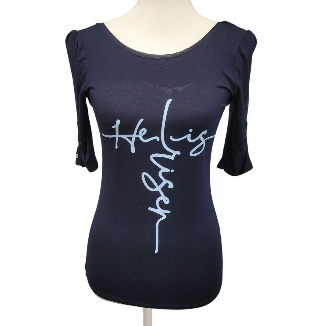 Hand Printed Upcycled Womens Small He Is Risen Easter Button Sleeve Tee Shirt