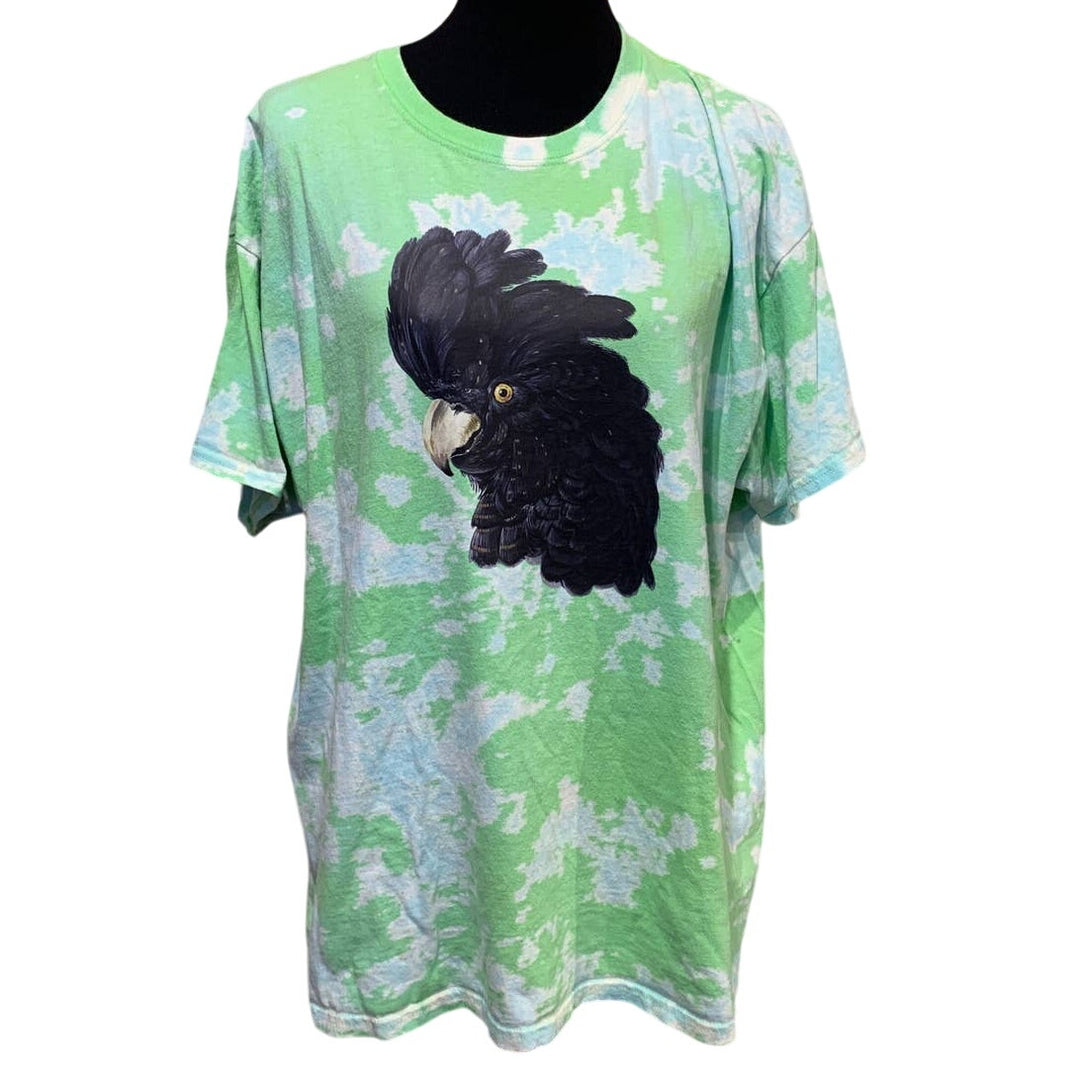 Upcycled Hand Printed XL Black Cockatoo Parrot Ukraine Artist Fundraiser Tee
