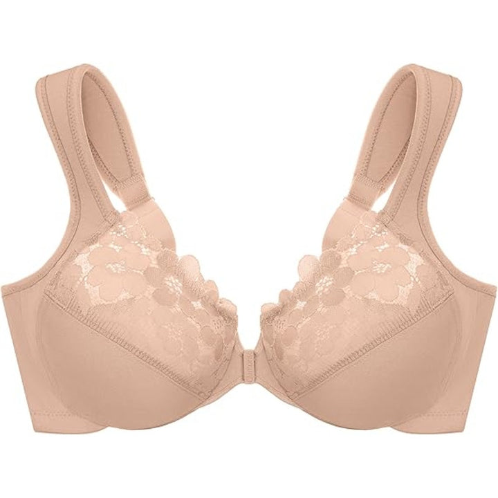 New Glamorise Womens Size 38DD Unlined Underwire Floral Lace Front Closure Bra