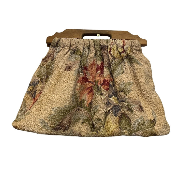Vintage Handmade Wooden Handle Floral Tapestry Fabric No Clasp Handbag Purse