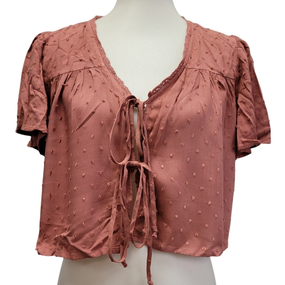 LA Hearts Womens Medium Rose Pink 100% Rayon Front Tie Short Sleeve Dotted Top