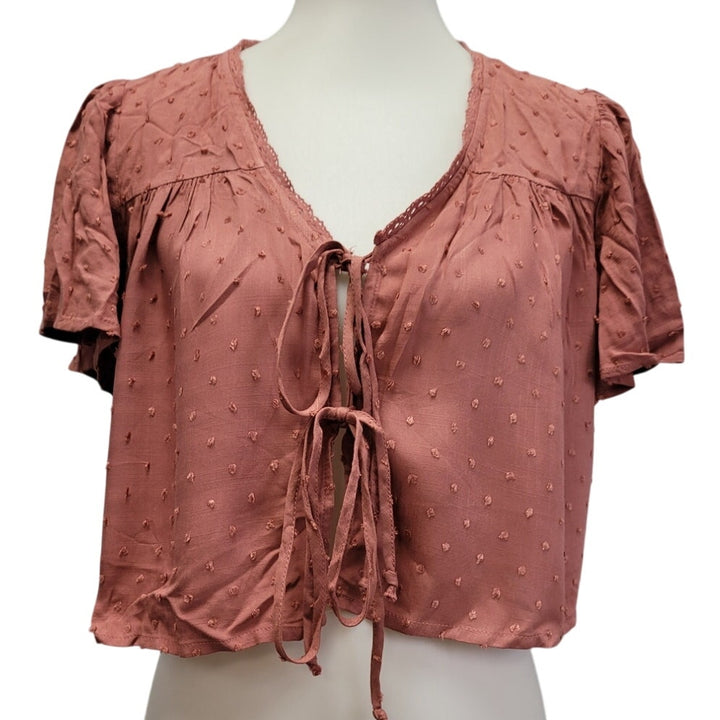 LA Hearts Womens Medium Rose Pink 100% Rayon Front Tie Short Sleeve Dotted Top