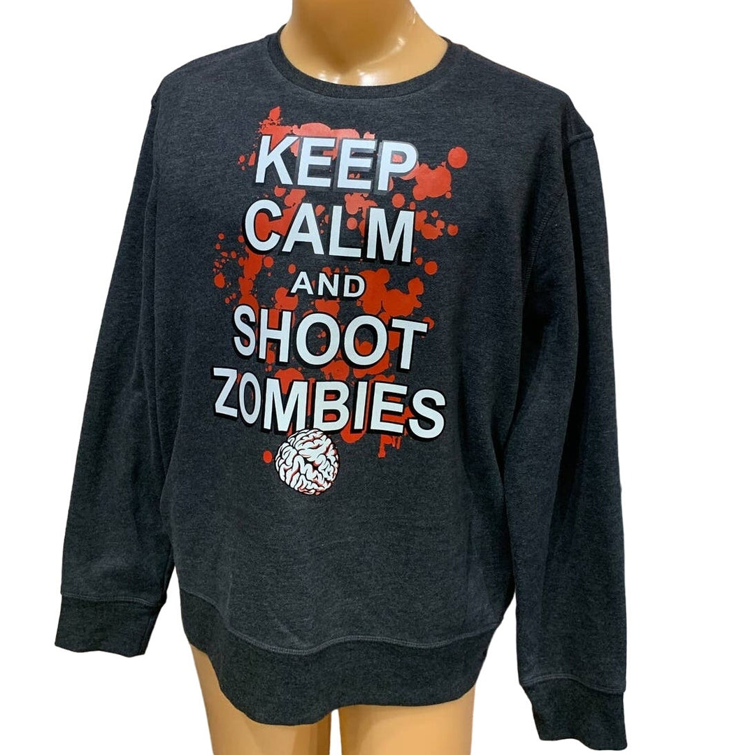 Hand Printed Upcycled Mens XL Halloween Keep Calm Shoot Zombies Sweatshirt