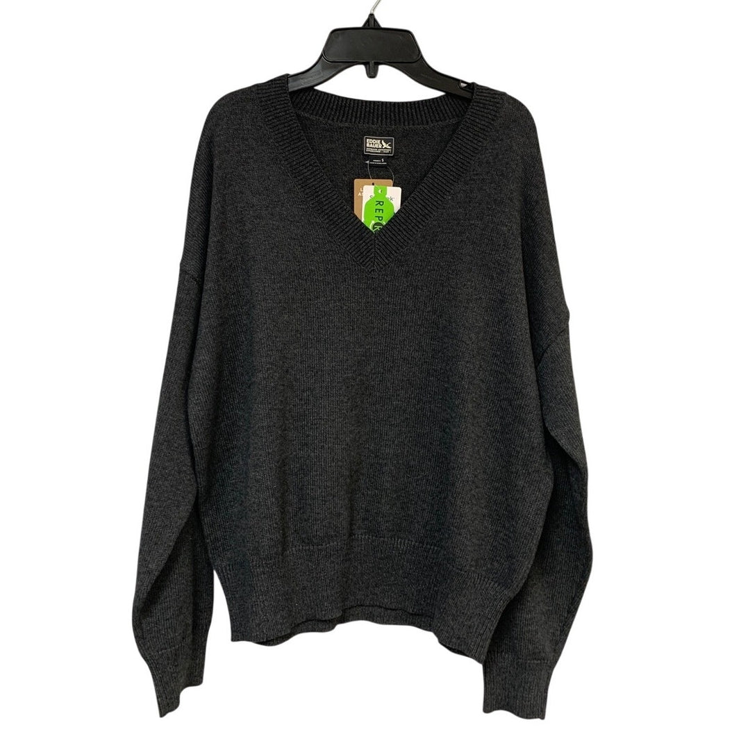 New Eddie Bauer Womens Small Heathered Charcoal Gray Signature V Neck Sweater