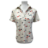 Vintage Womens Large Bird Short Sleeve Collared Polyester Polo Top Blouse