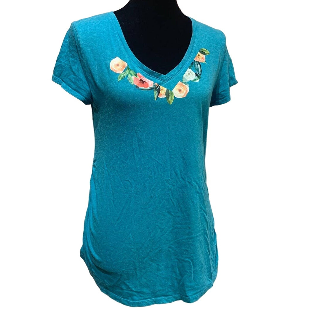 Hand Printed Upcycled Isabel Maternity Medium Flowers Side Gathered Stretchy Tee