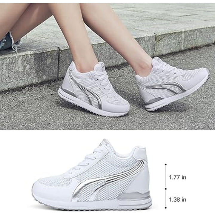 Aonegold Womens Size 6.5 White SIlver High Top Lace Up Hidden Heel Sneaker Shoes