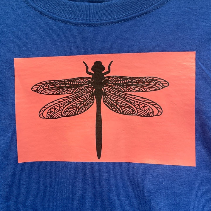 New Hand Printed Upcycled Youth Kids XS Dragonfly Short Sleeve Crew Neck Tee