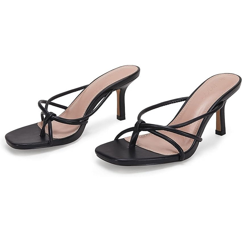 Laicigo Womens Size 8 Black Open Toe 3.5" Heel Slide On Strappy Sandal Shoes